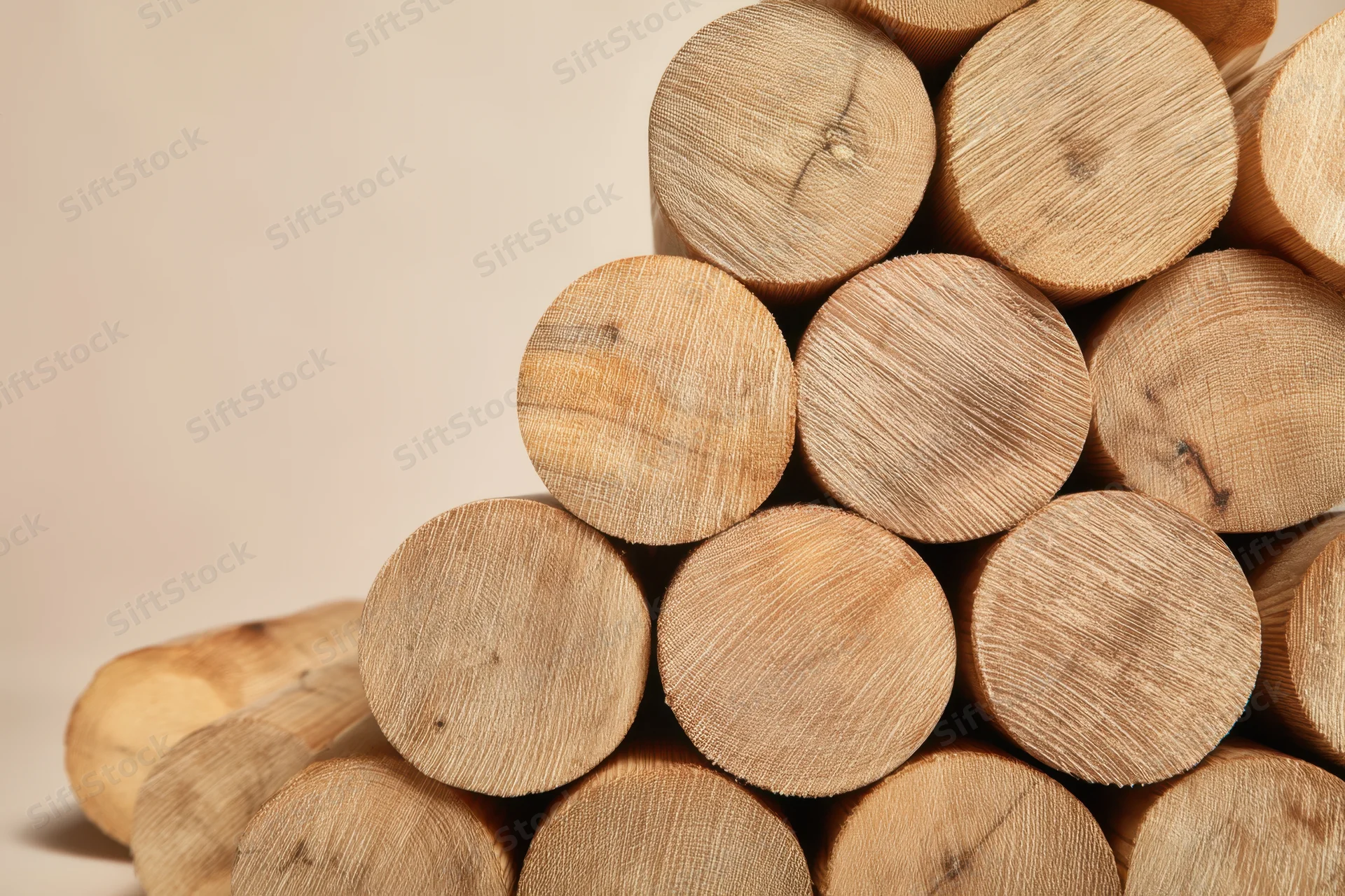 Neatly stacked wooden logs arranged in a pile with smooth cut ends showing natural grain and texture against a neutral background