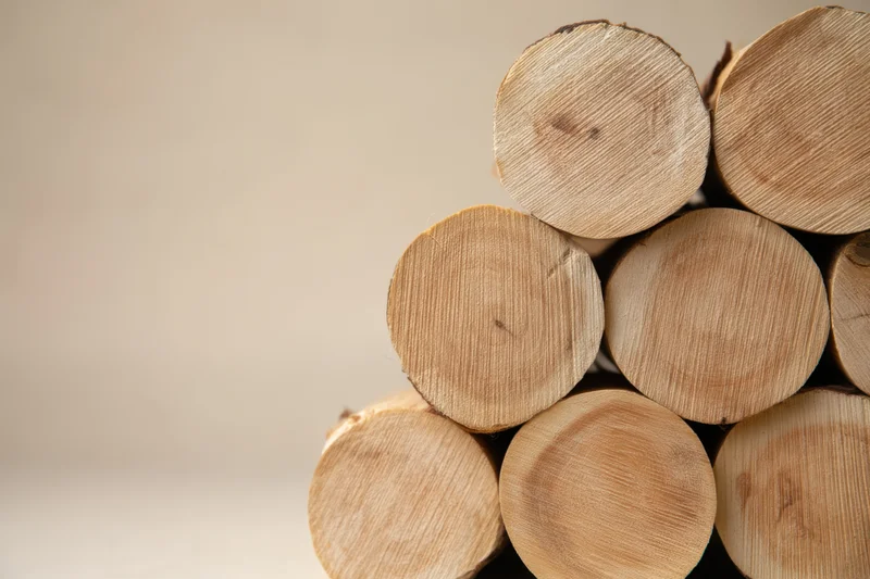 Neatly stacked wooden logs arranged in a pile against a plain background
