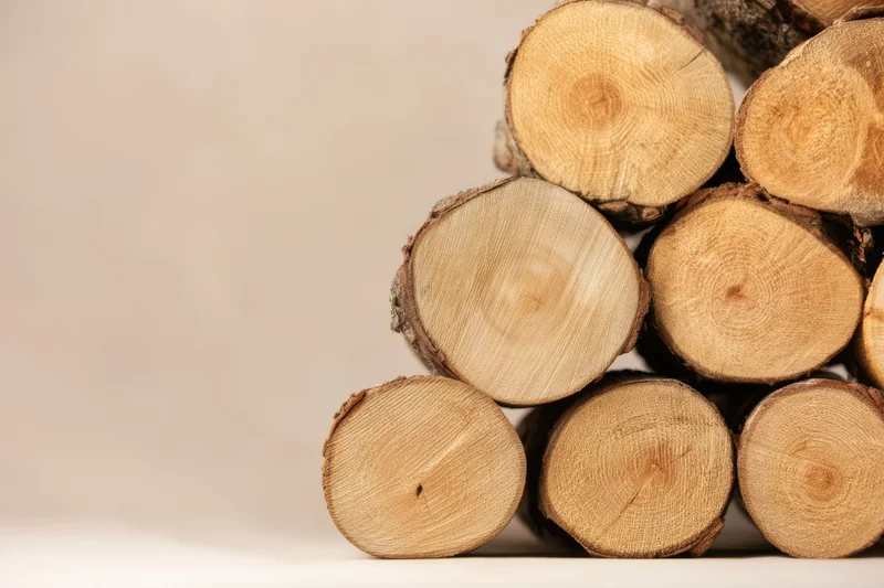 Neatly stacked wooden logs arranged in a pile on a plain surface