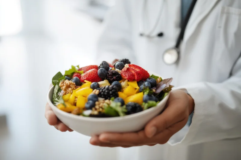 Doctor holding a bowl of mixed fruits and vegetables with berries and greens