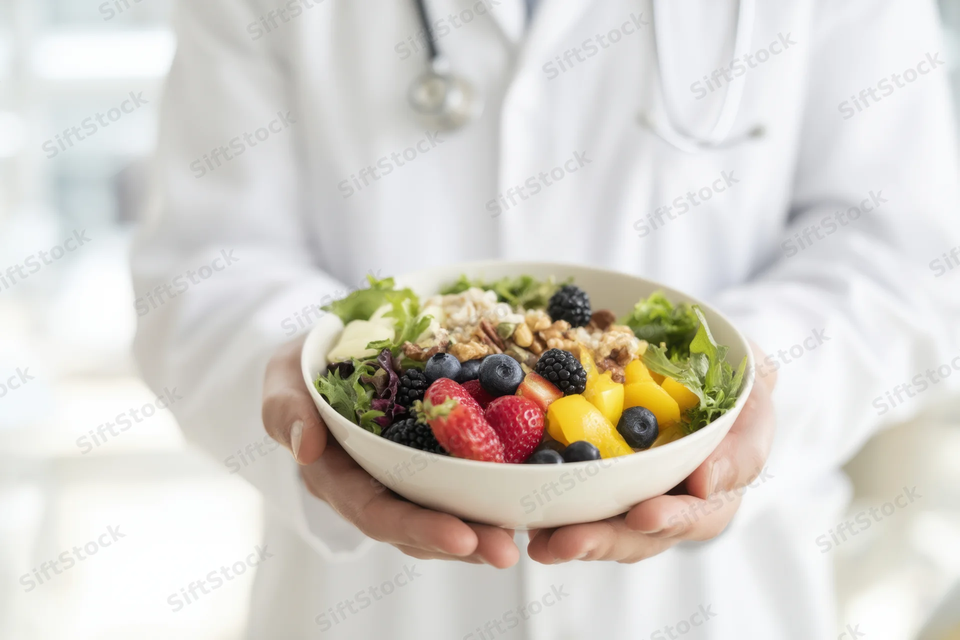 Doctor holding a bowl of mixed fruits and vegetables with granola and greens