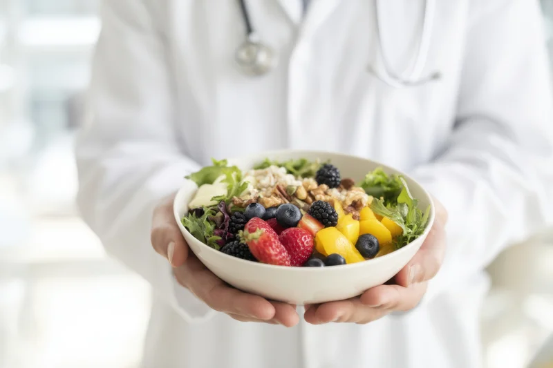 Doctor holding a bowl of mixed fruits and vegetables with granola and greens
