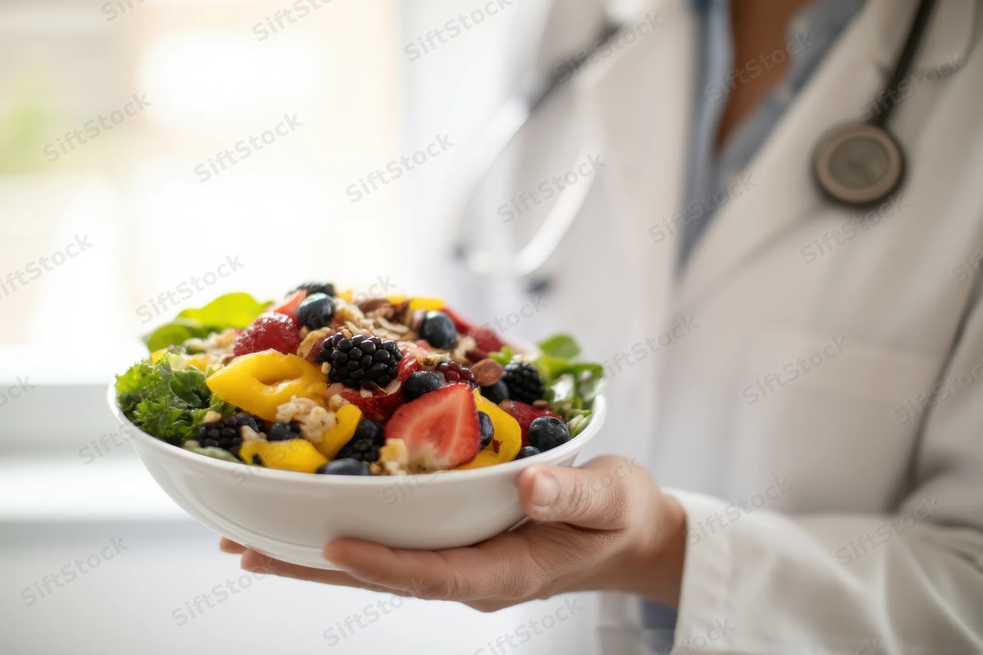 Doctor holding a bowl of mixed fruits and vegetables in a bright indoor setting