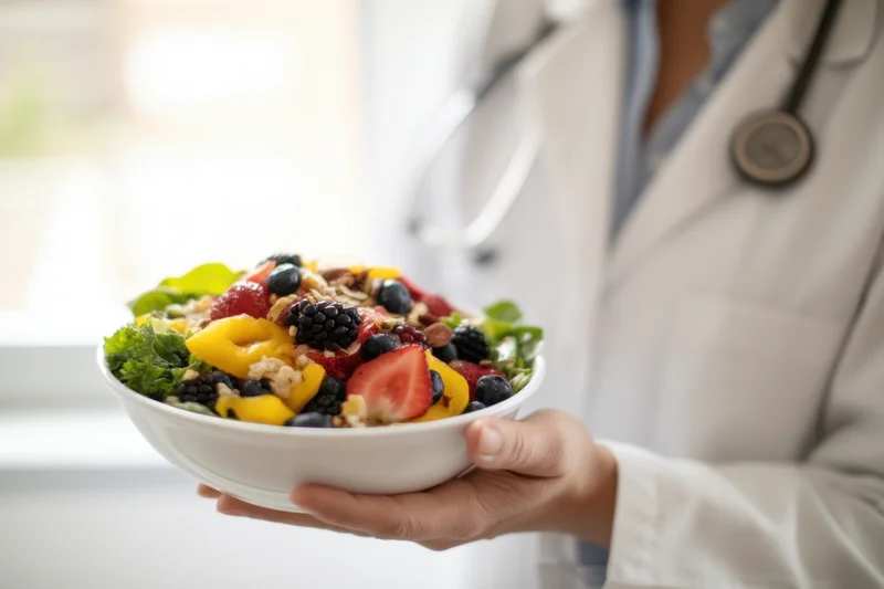 Doctor holding a bowl of mixed fruits and vegetables in a bright indoor setting