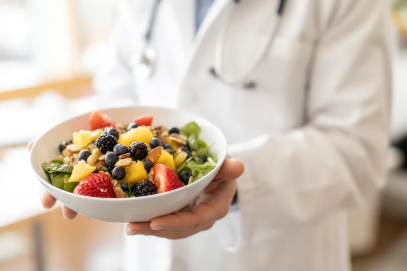 Doctor holding a bowl of mixed fruits and vegetables in a clinical setting