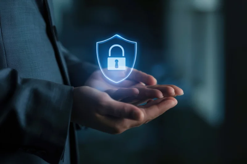 Man in suit holding glowing holographic shield with lock symbol in palm