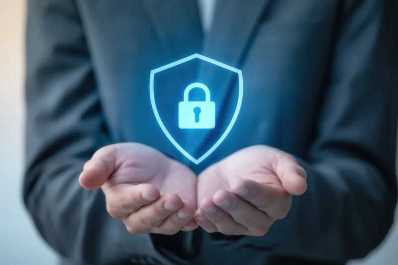Hands cradling a glowing blue holographic shield with a lock symbol