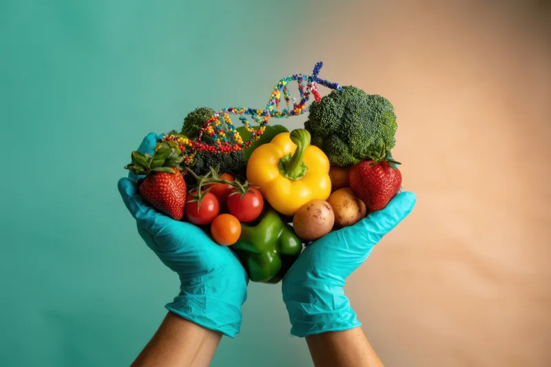 Hands in turquoise gloves holding a mix of fresh vegetables and fruits with a colorful dna strand model