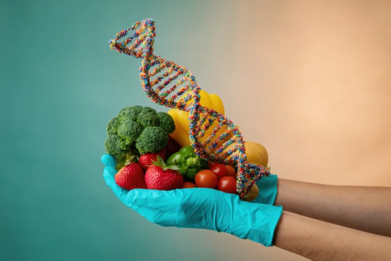 Hands in blue gloves holding fresh produce with a colorful dna helix model floating above