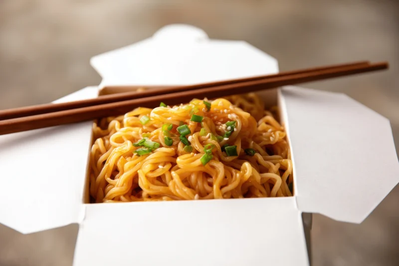 Golden noodles in a white takeout box with chopsticks resting on top