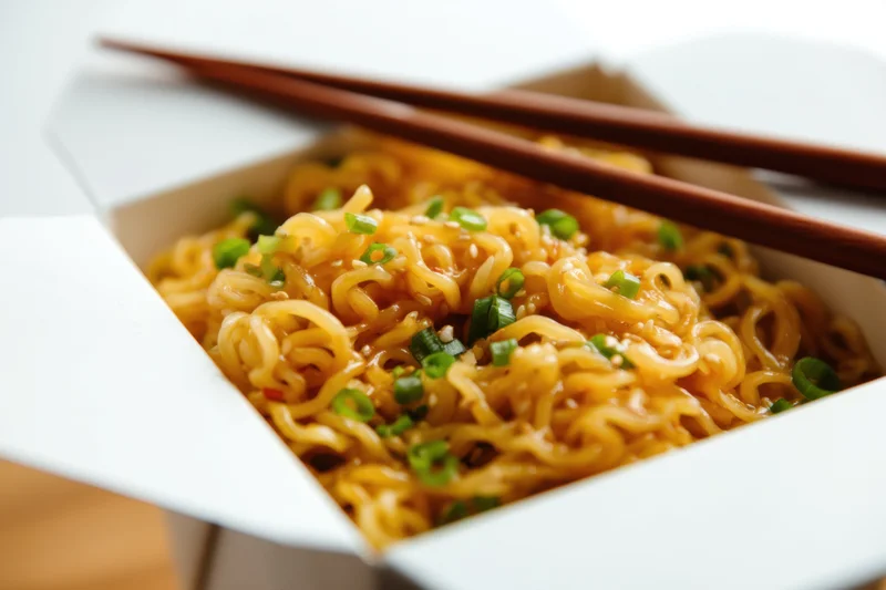 Golden ramen noodles with green onions and sesame seeds in a white takeout box with chopsticks resting on top