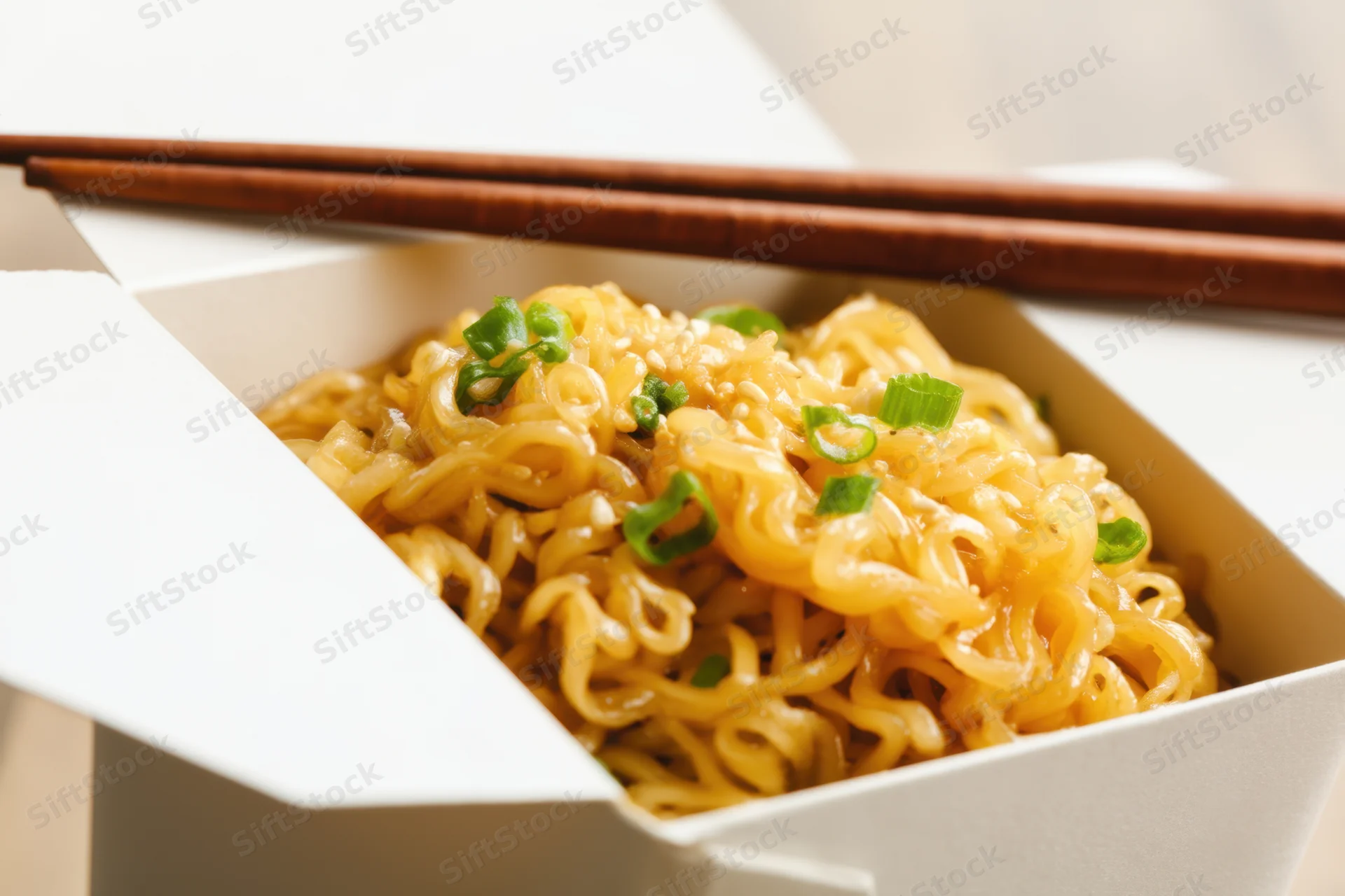Golden ramen noodles garnished with green onions in a white takeout box with chopsticks resting on top