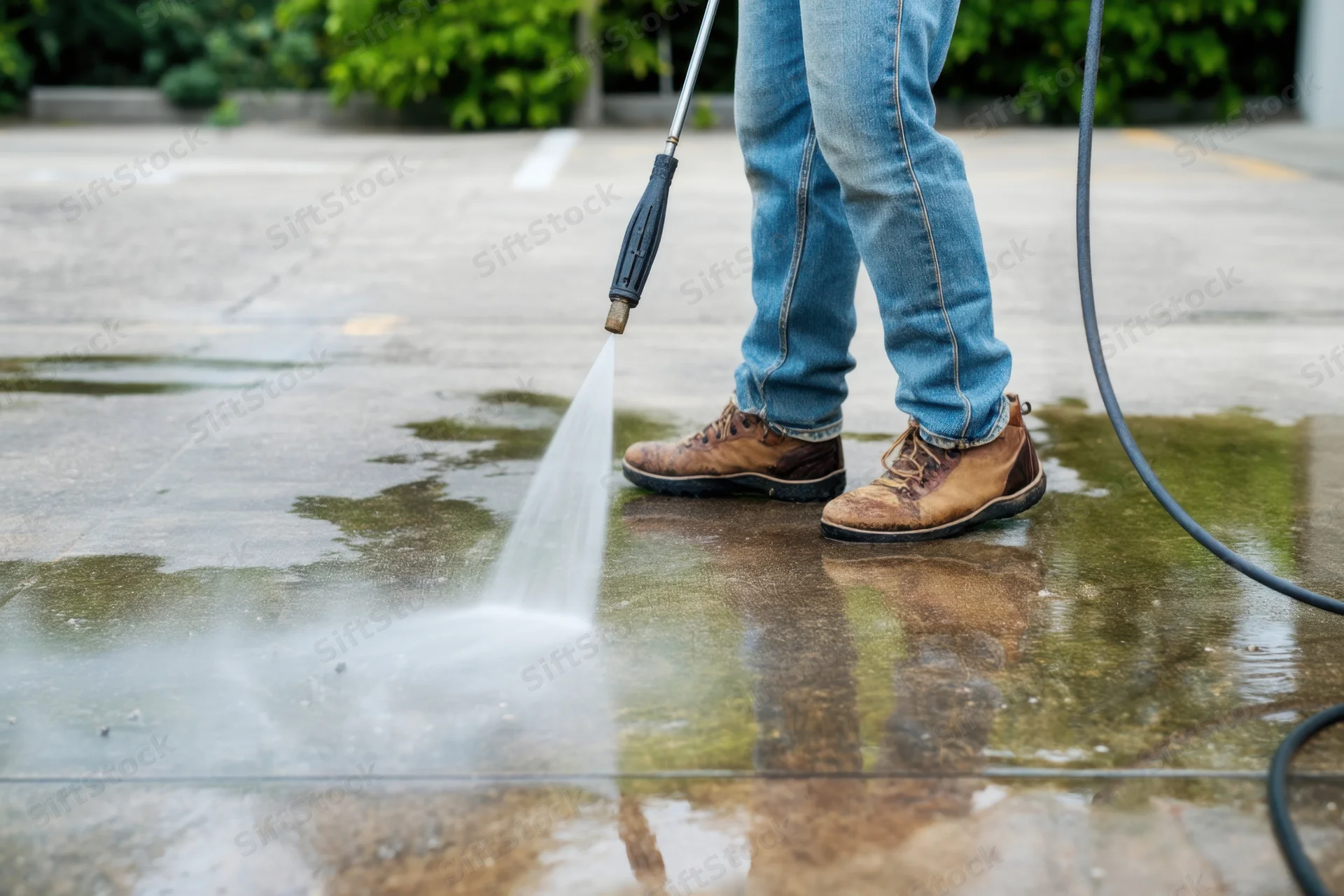 Man pressure washing concrete pavement outdoors