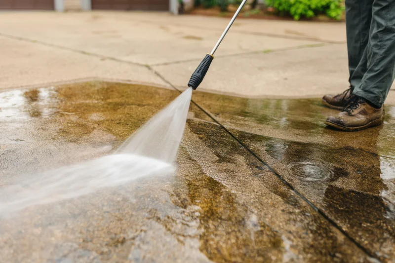 Man pressure washing concrete sidewalk outdoors