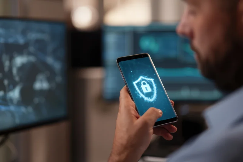 Man holding smartphone with glowing security lock icon in office setting