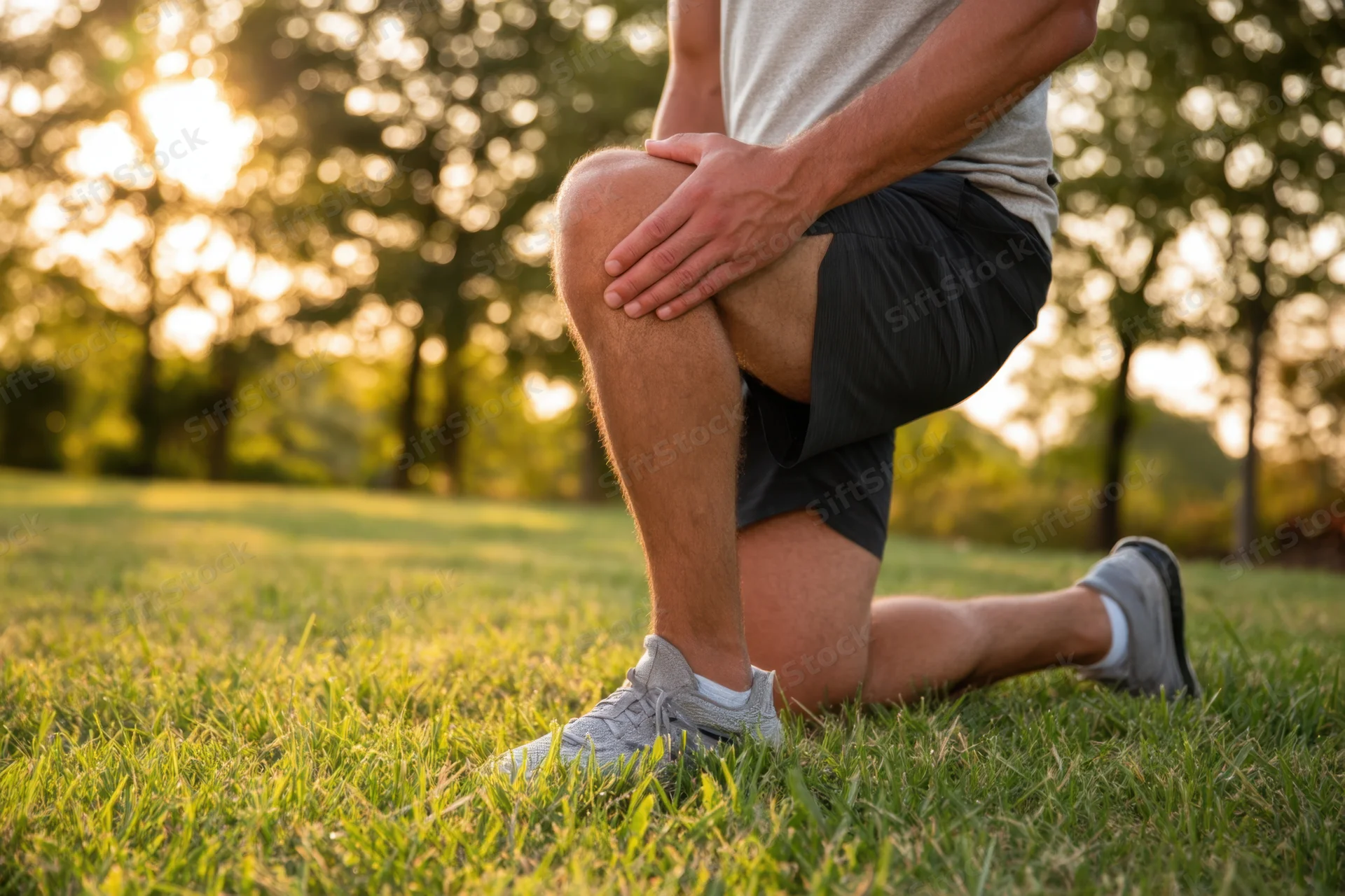 Man in athletic wear kneeling on grassy field holding knee during outdoor workout