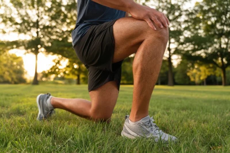 Man stretching knee on grassy field during golden hour