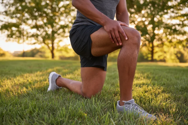 Man stretching knee on grassy field during golden hour