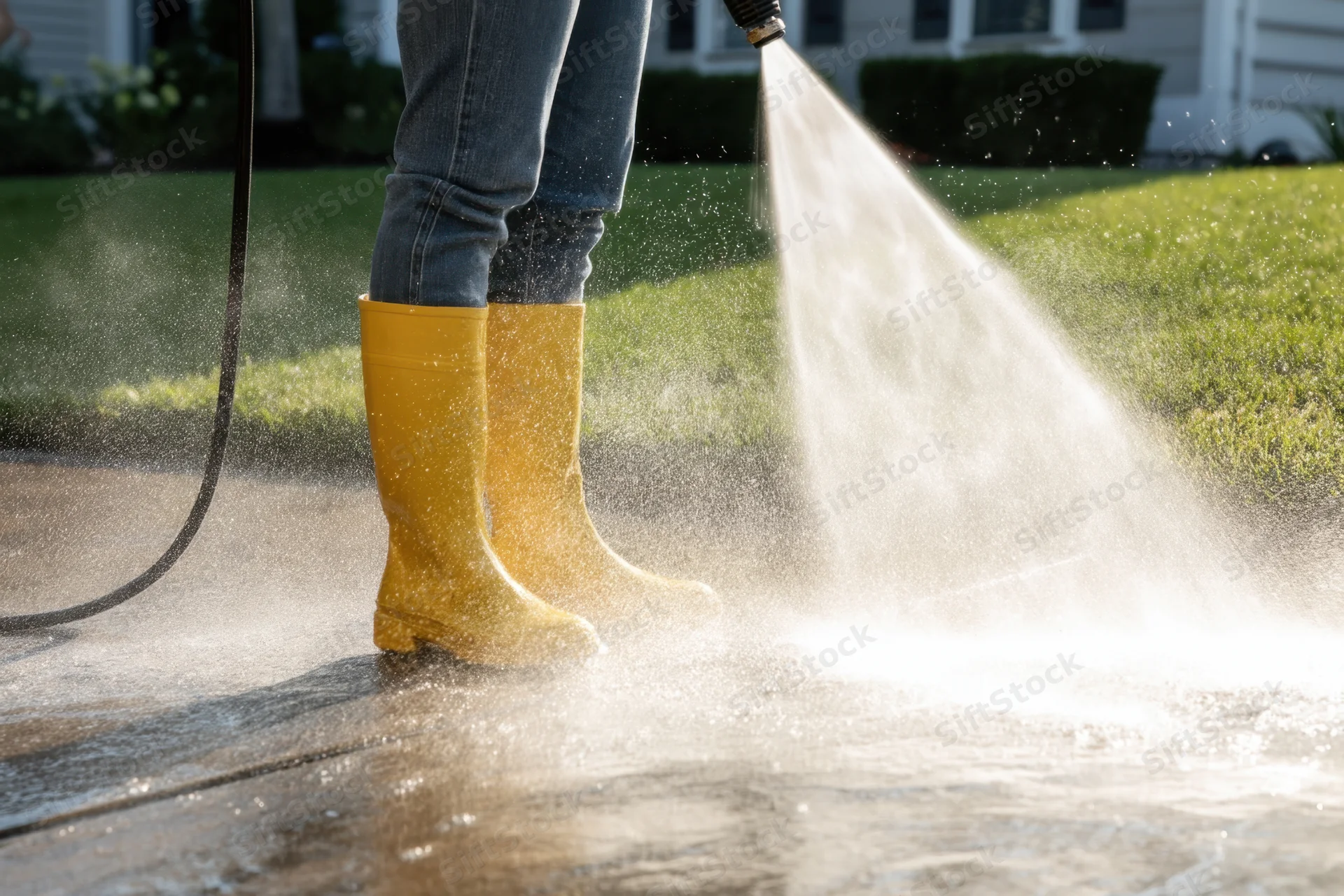 Person in yellow rain boots pressure washing a concrete patio outdoors