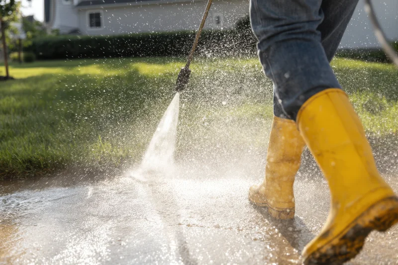 Person in yellow rain boots pressure washing a wet concrete driveway outdoors
