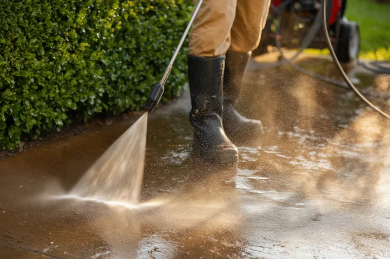 Man using pressure washer to clean concrete patio surface near green hedge