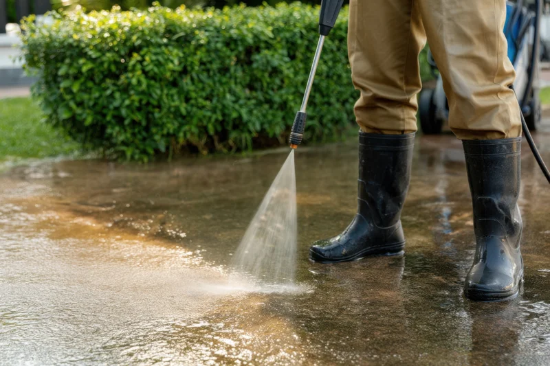 Worker using pressure washer to clean concrete driveway outdoors