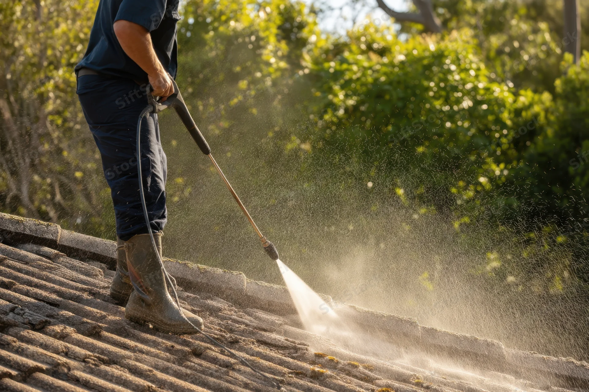 Worker cleaning tiled roof with pressure washer outdoors