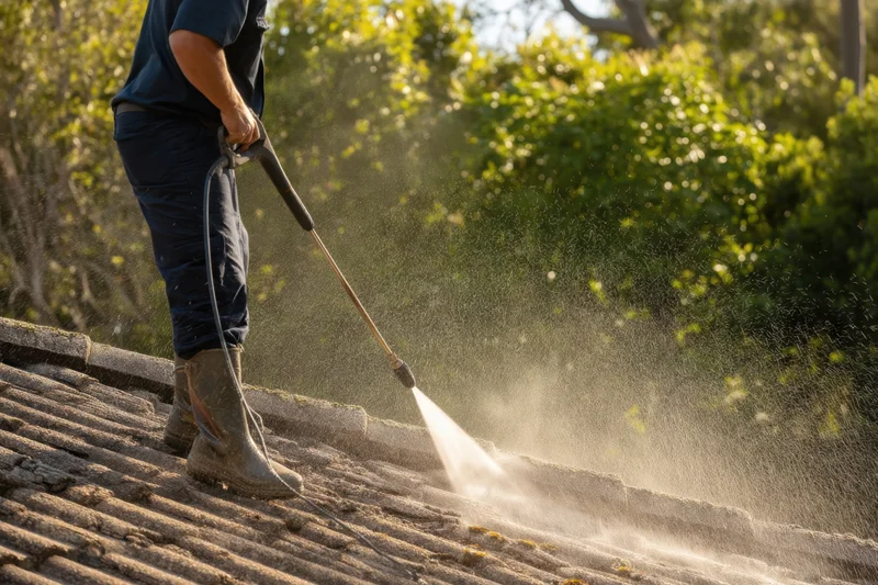 Worker cleaning tiled roof with pressure washer outdoors