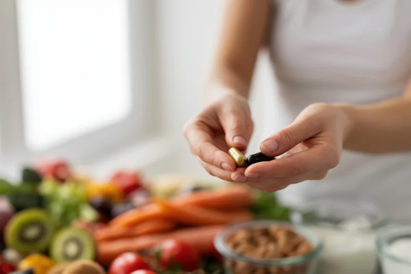 Woman holding two dietary supplements in her hands over a table with fresh produce and healthy foods