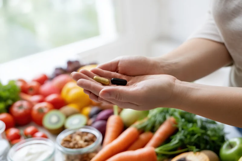 Woman holding two dietary supplements in her hand over a table of fresh vegetables and fruits