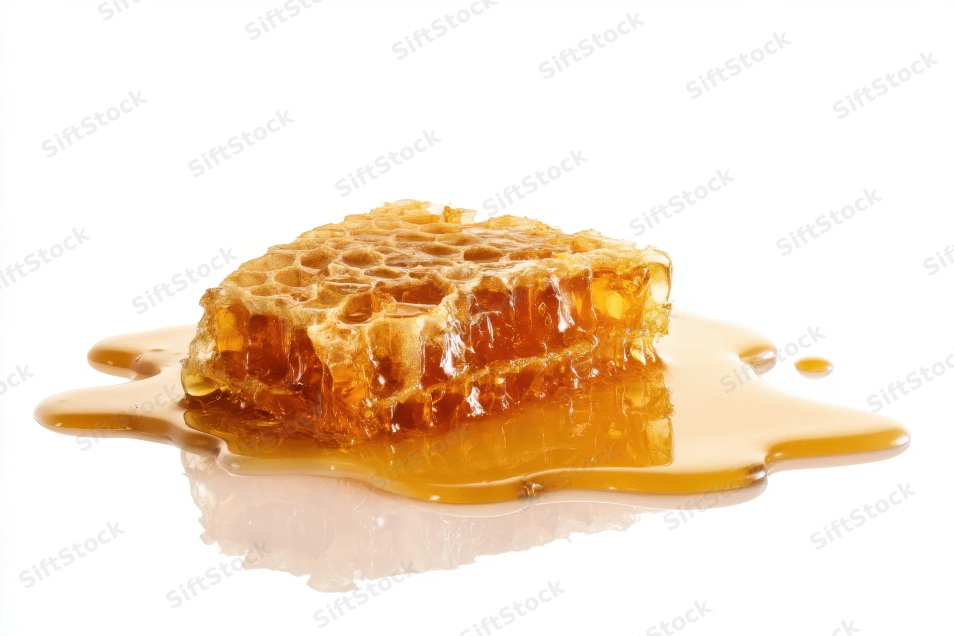 Piece of honeycomb with honey dripping onto a glossy reflective surface