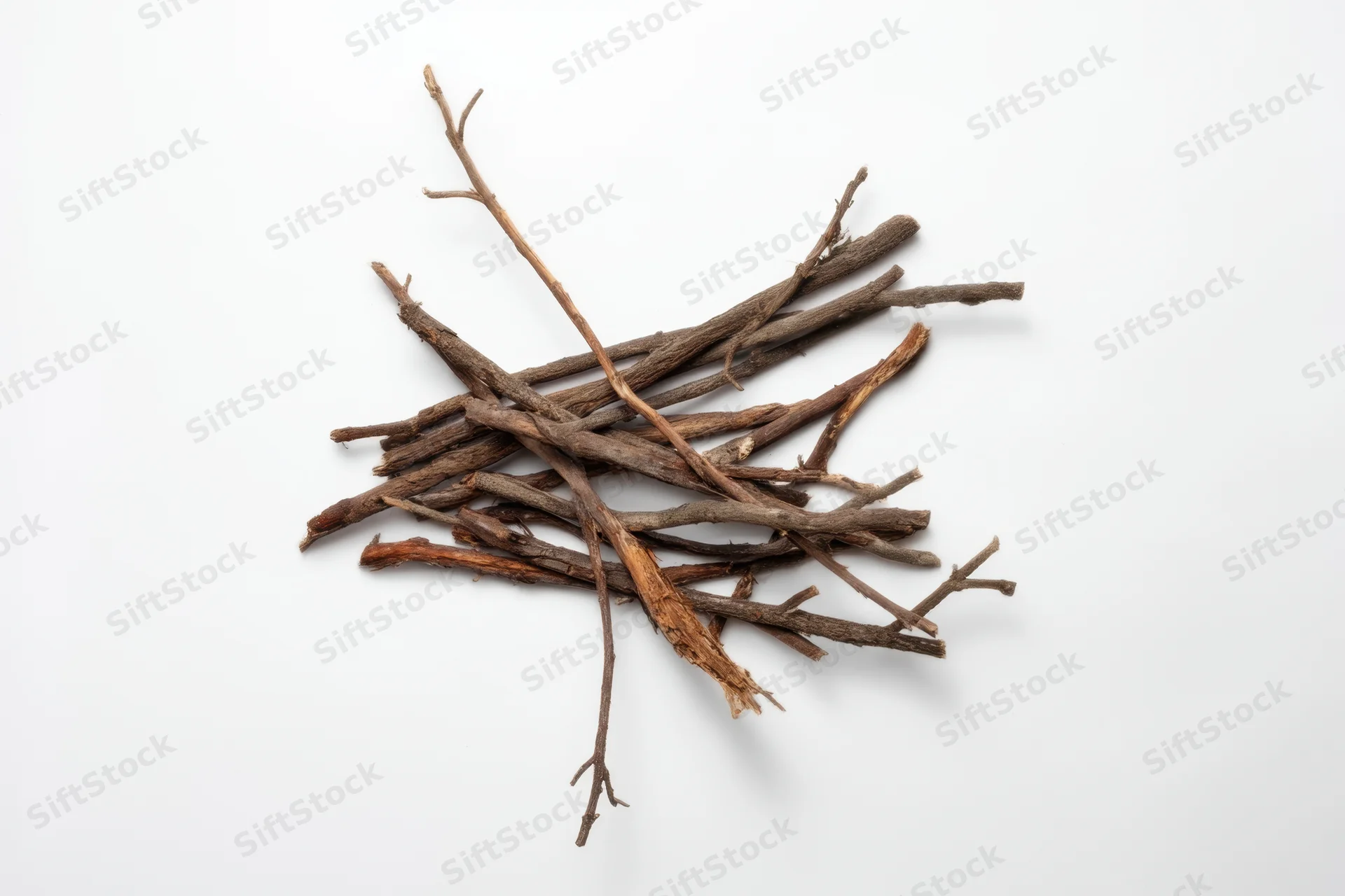 Pile of dry twigs and branches arranged on white surface