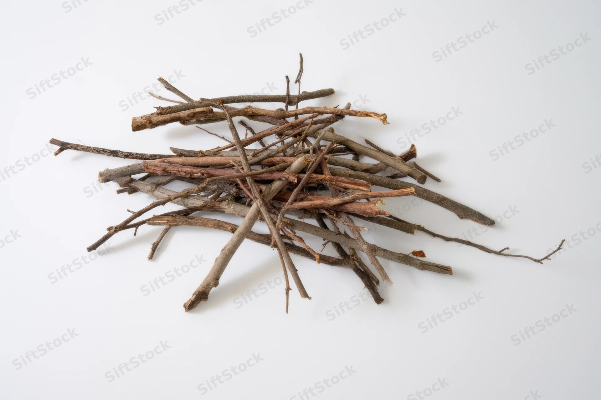 A pile of dry twigs and branches arranged on a white background