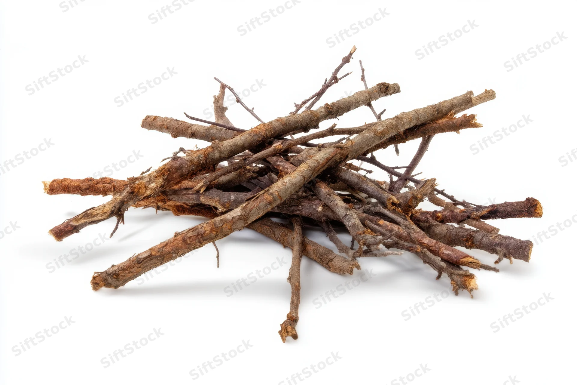 Pile of dry tree branches and twigs arranged on white background
