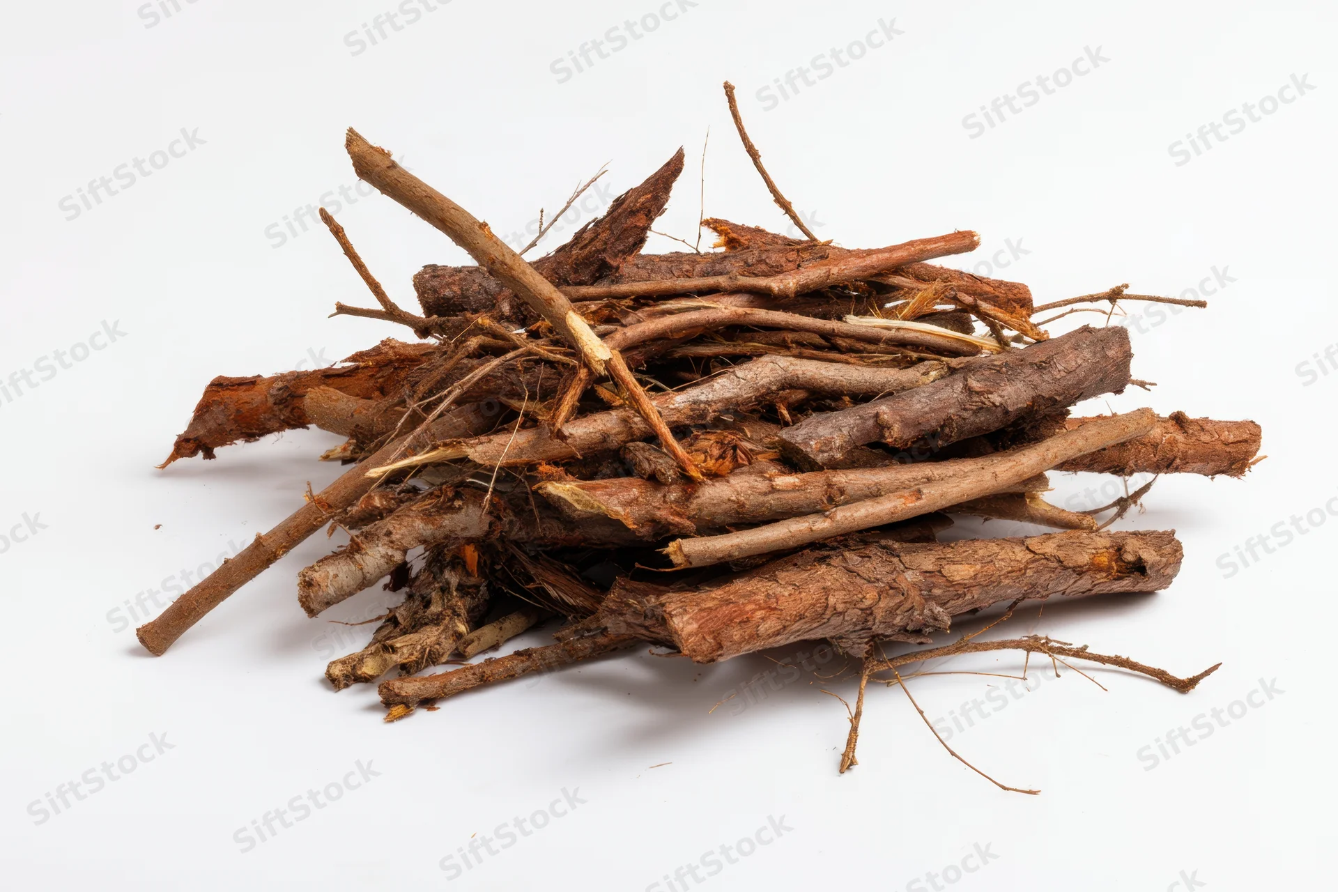 Pile of dry tree branches and twigs arranged on white background