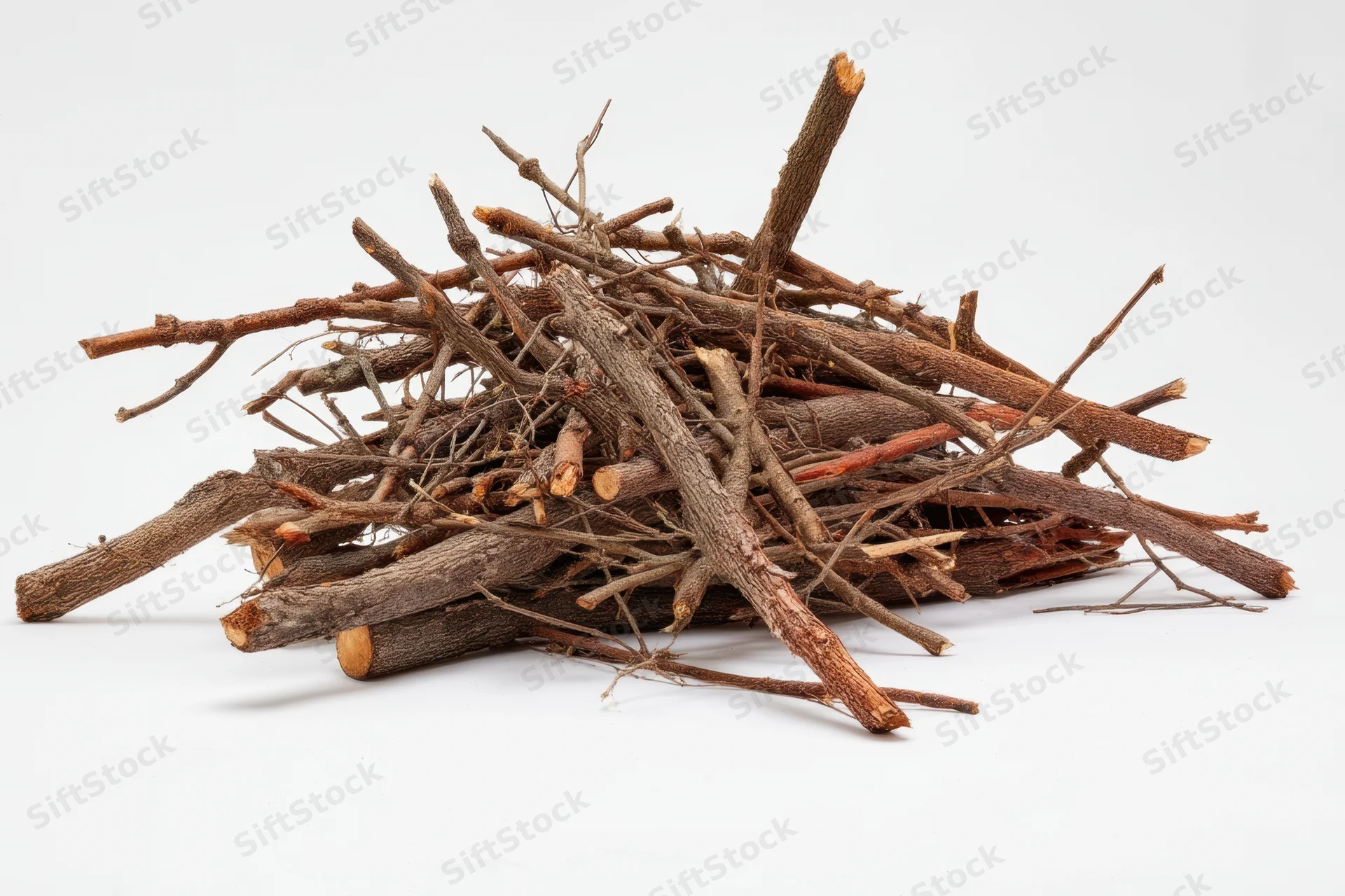 Pile of dry tree branches and twigs arranged in a heap on a white background