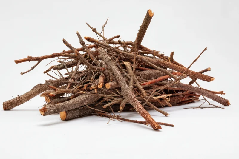 Pile of dry tree branches and twigs arranged in a heap on a white background