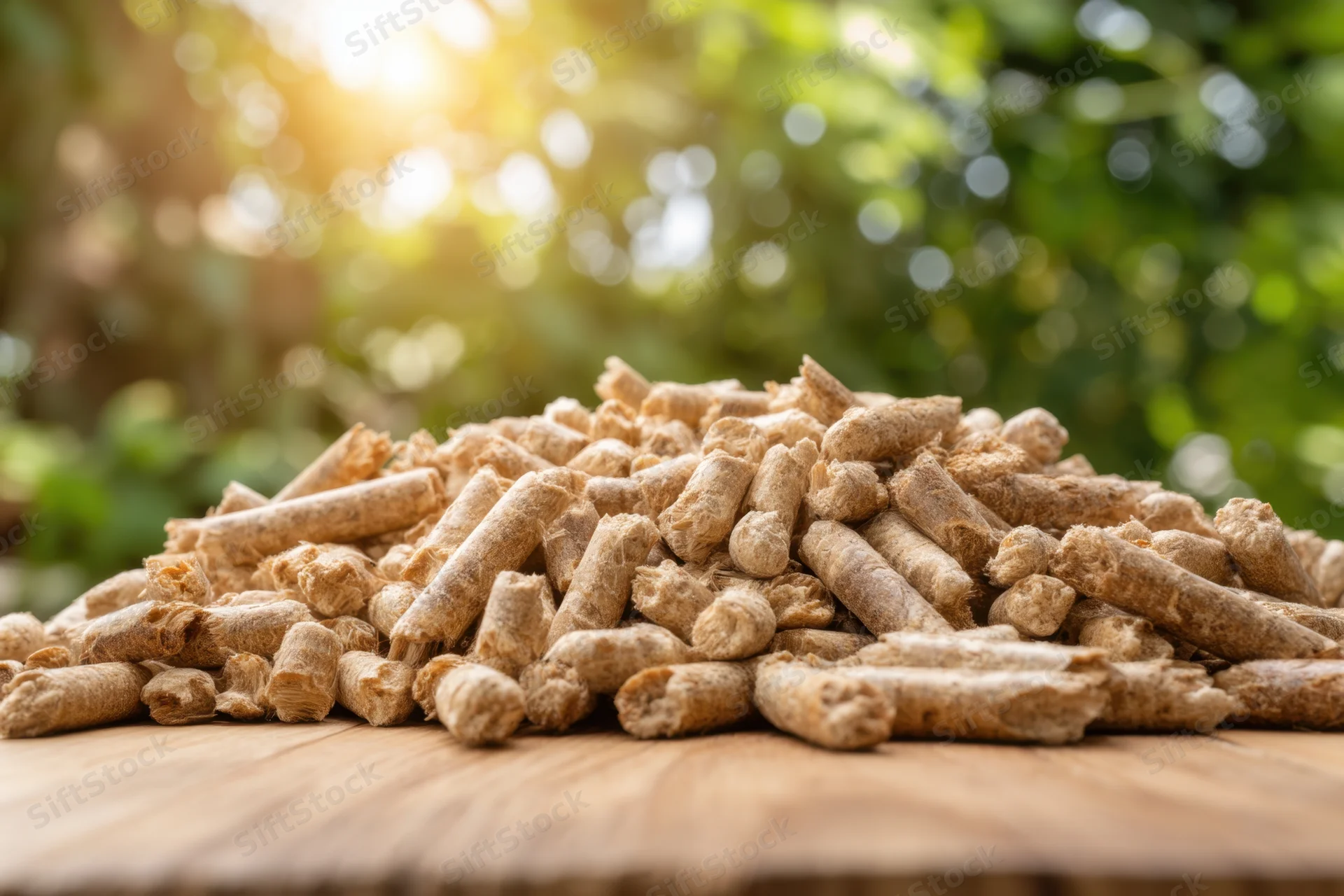 Pile of wood pellets on wooden surface outdoors in sunlight