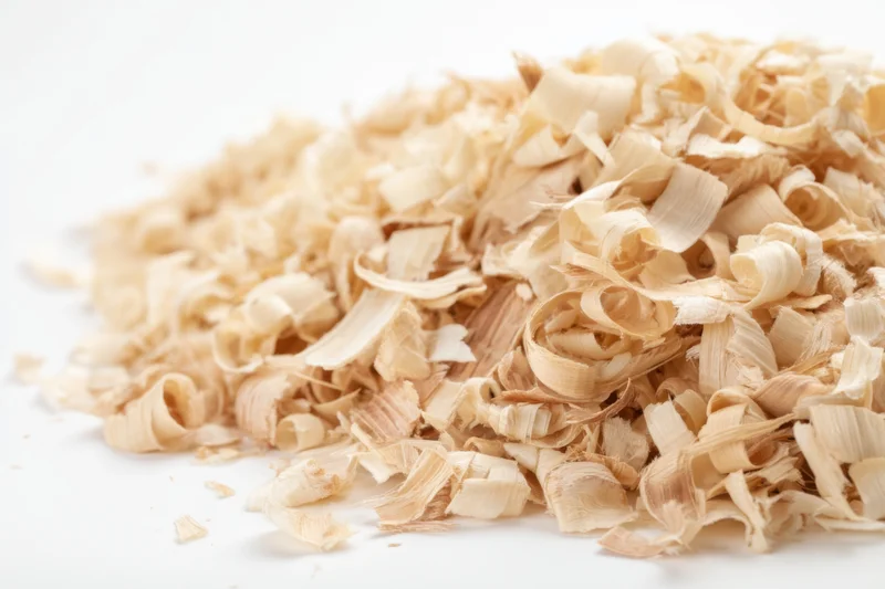 A pile of curled and layered wood shavings on a white surface