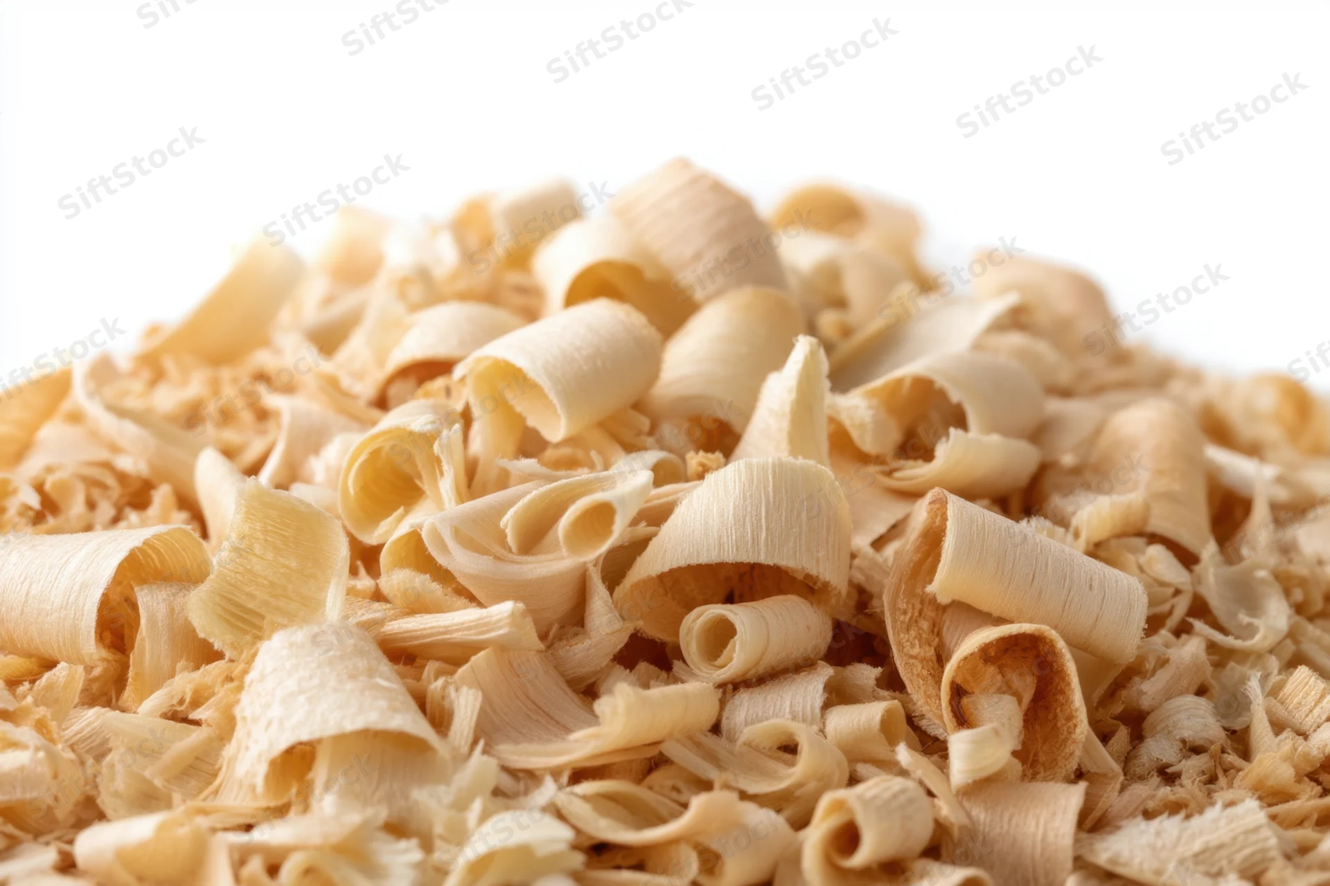 A pile of curled and layered wood shavings isolated on white