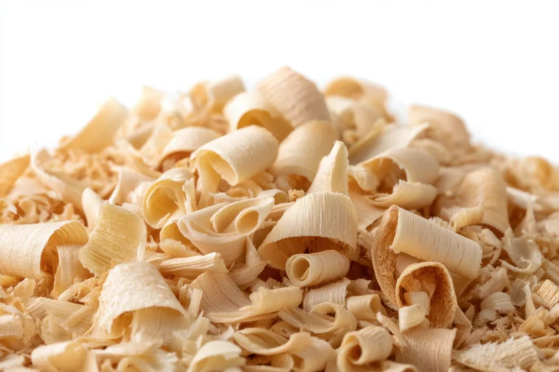 A pile of curled and layered wood shavings isolated on white