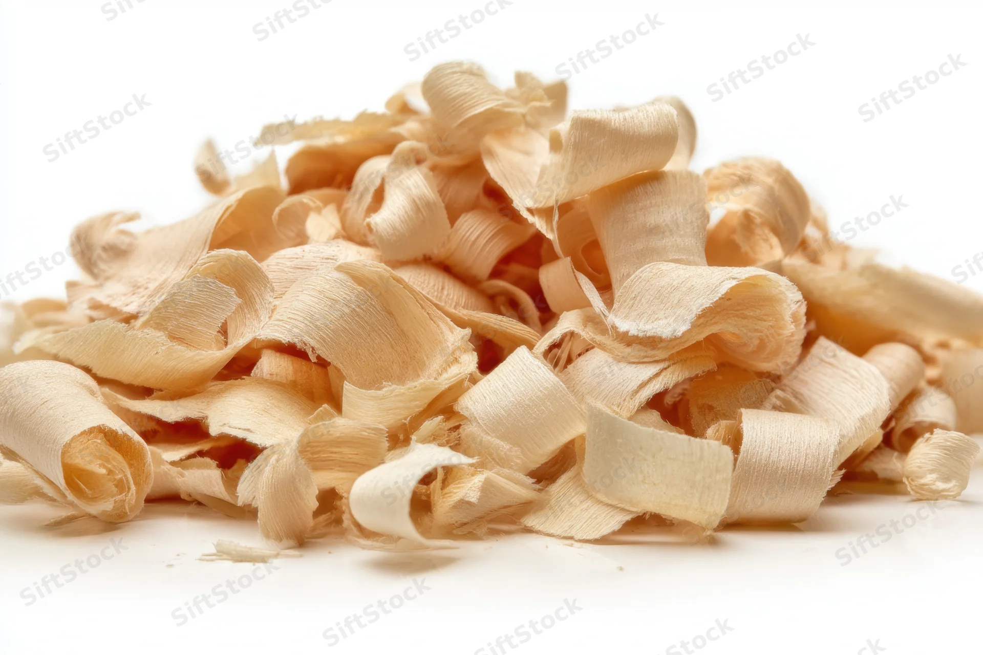 A pile of curled and layered wood shavings on a white surface