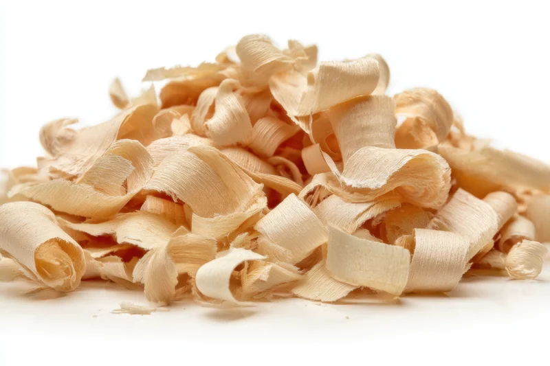 A pile of curled and layered wood shavings on a white surface