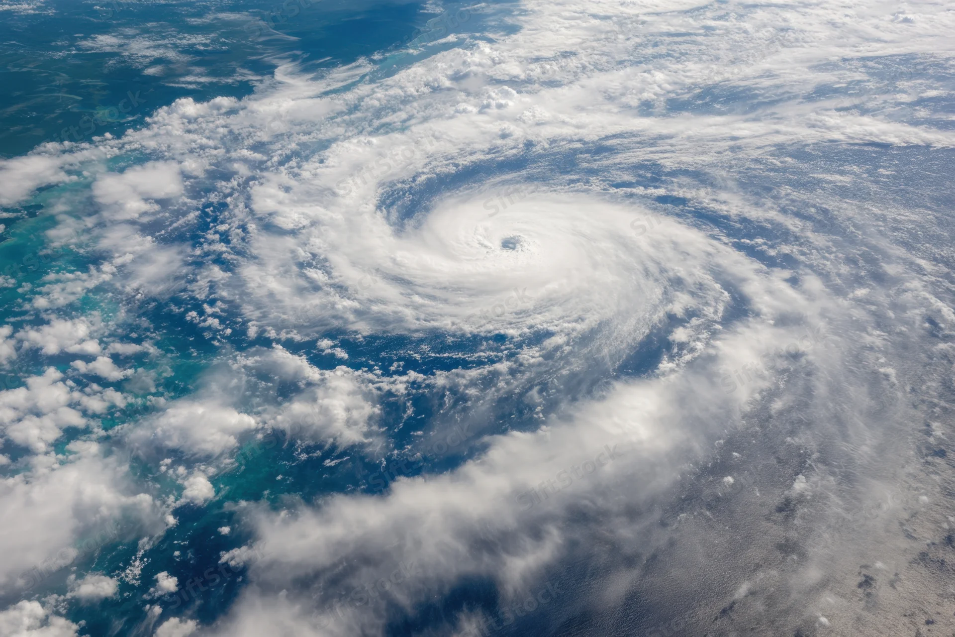Powerful hurricane swirling over the ocean from aerial view
