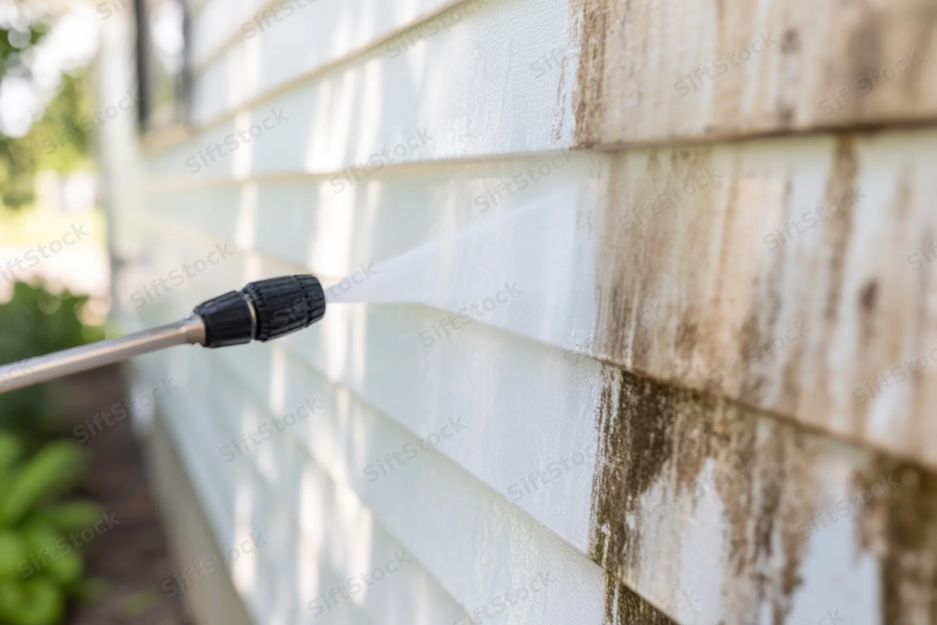 Pressure washer nozzle spraying water onto dirty white vinyl siding of a house exterior