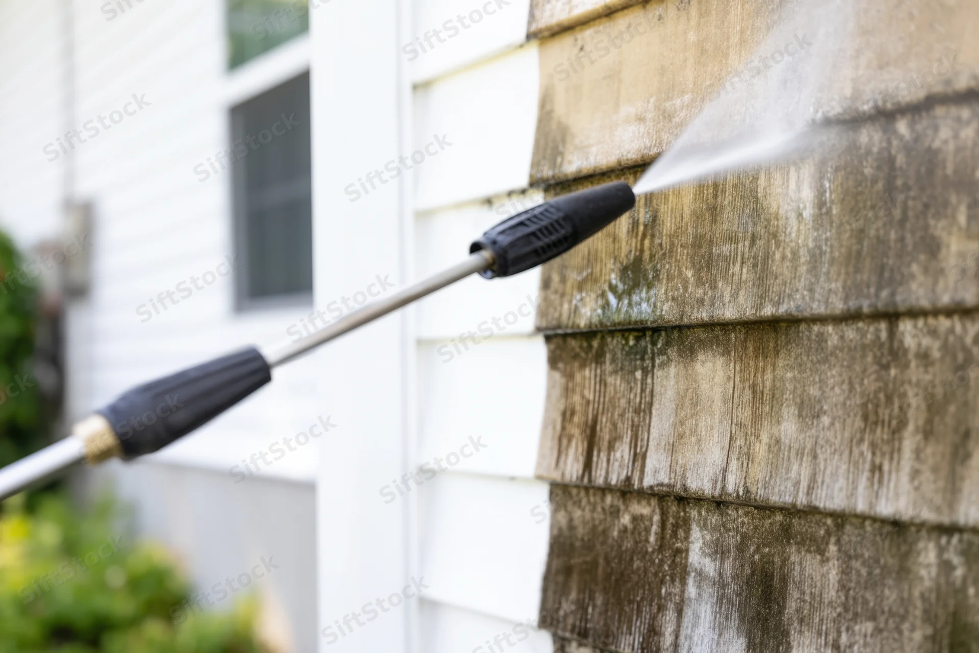 Pressure washer nozzle spraying water onto weathered wooden shingles on a house exterior