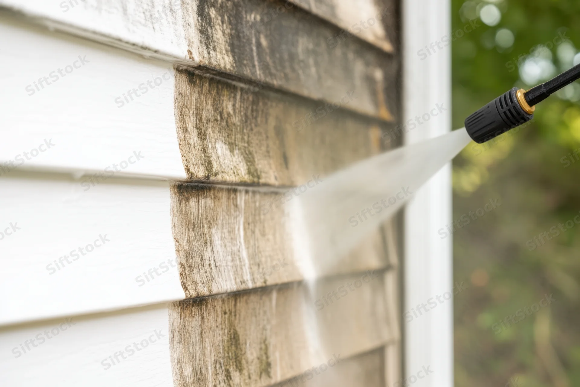 Pressure washer nozzle spraying water onto dirty white house siding near a window