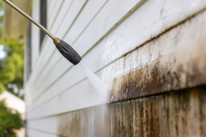 Pressure washer nozzle spraying water onto dirty white house siding during exterior cleaning