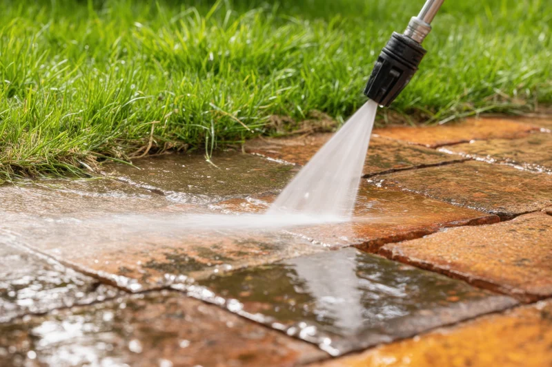 Pressure washer nozzle spraying water onto a brick patio beside a grassy lawn