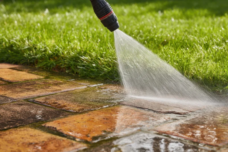Pressure washer nozzle spraying water onto patio tiles beside a grass lawn